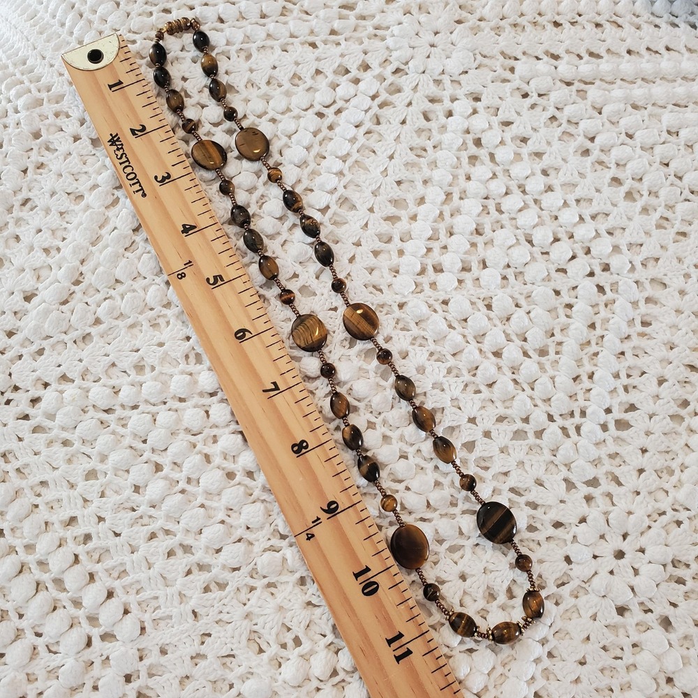 Tiger's Eye Beaded Necklace Womens Long Brown Gemstone Gold‎ Tone Barrel Clasp - Picture 4 of 6
